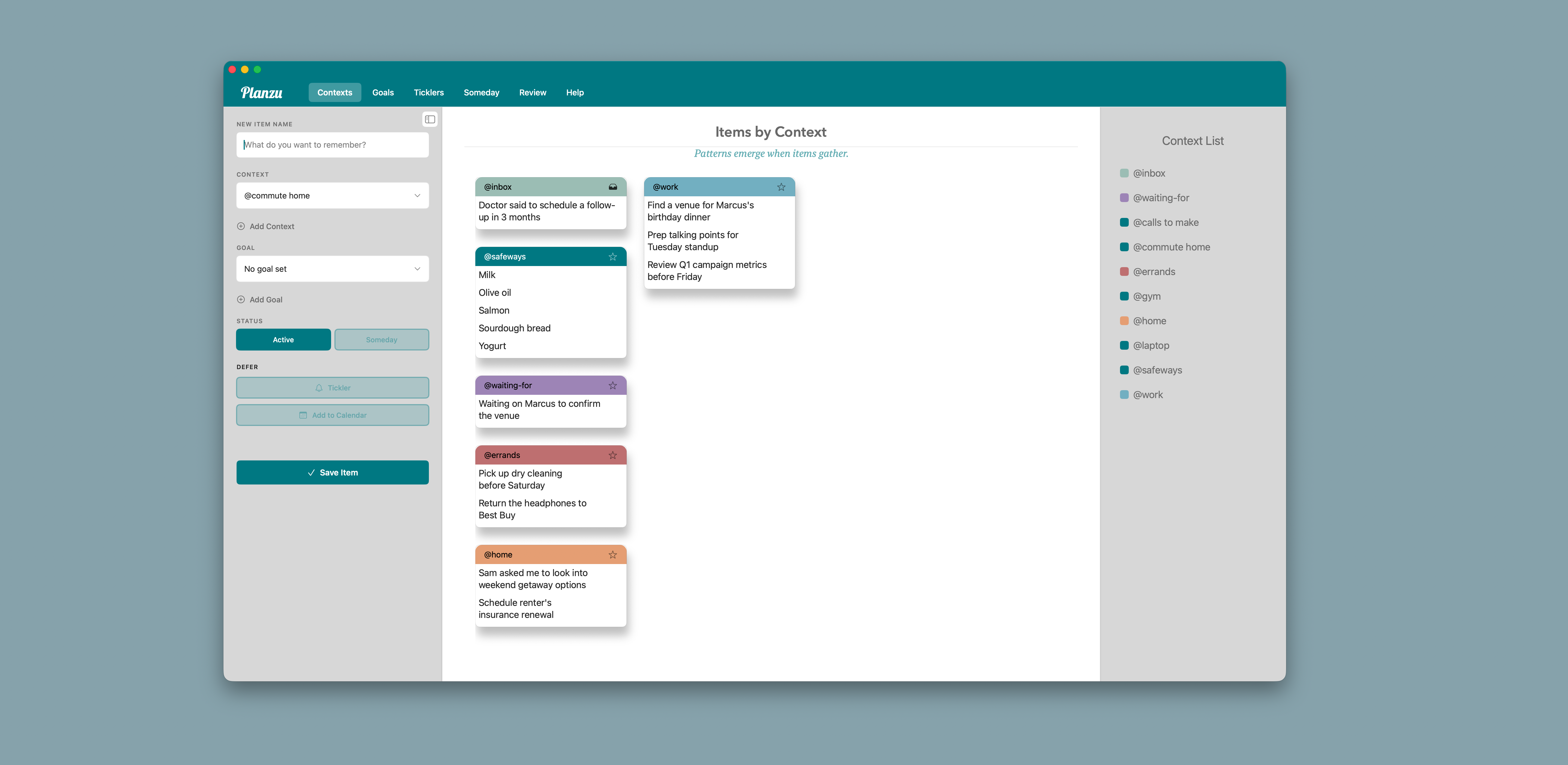 Planzu main interface showing contexts and items