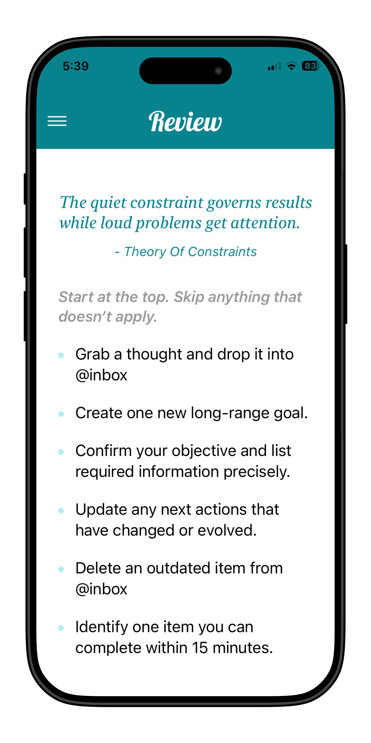 Philosophical reflection shown during weekly review