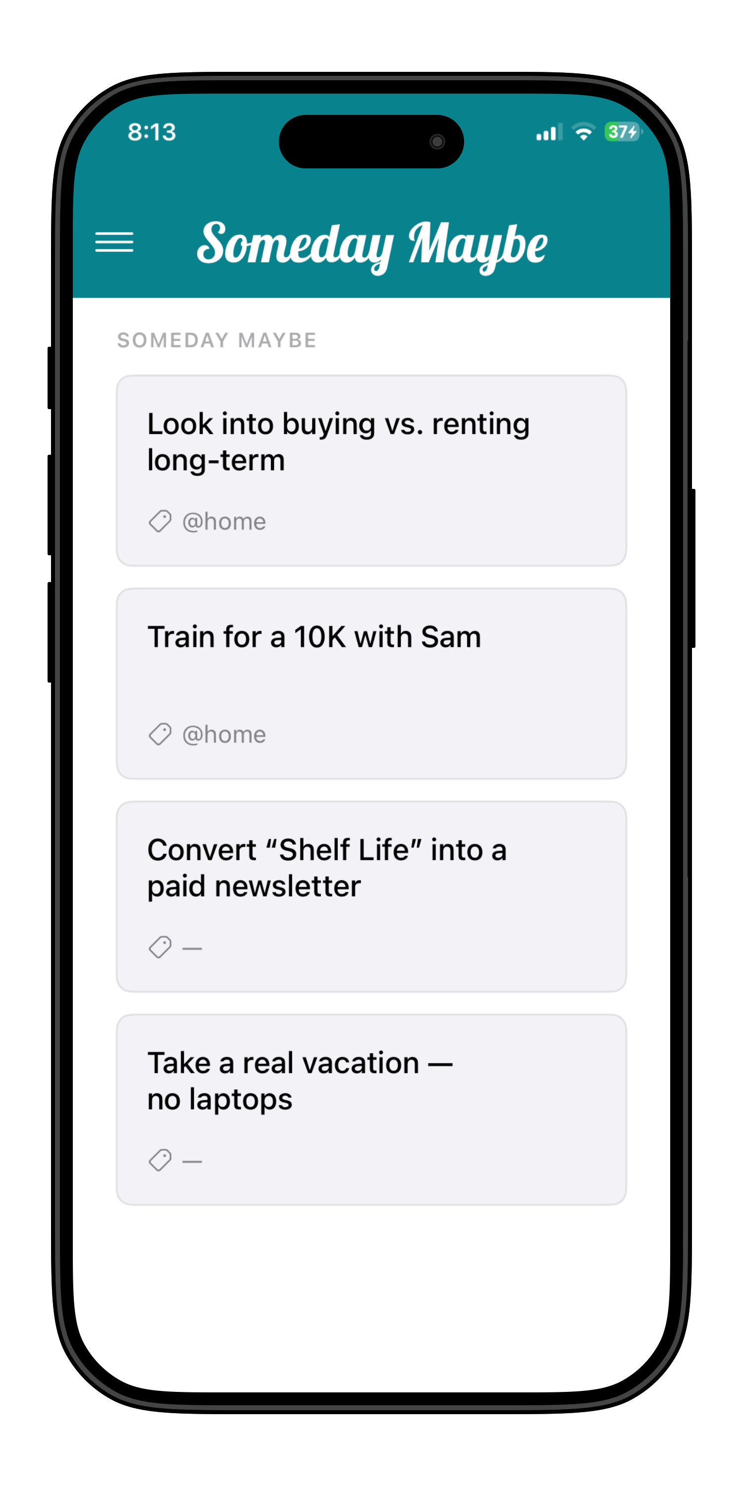 Someday list showing deferred ideas